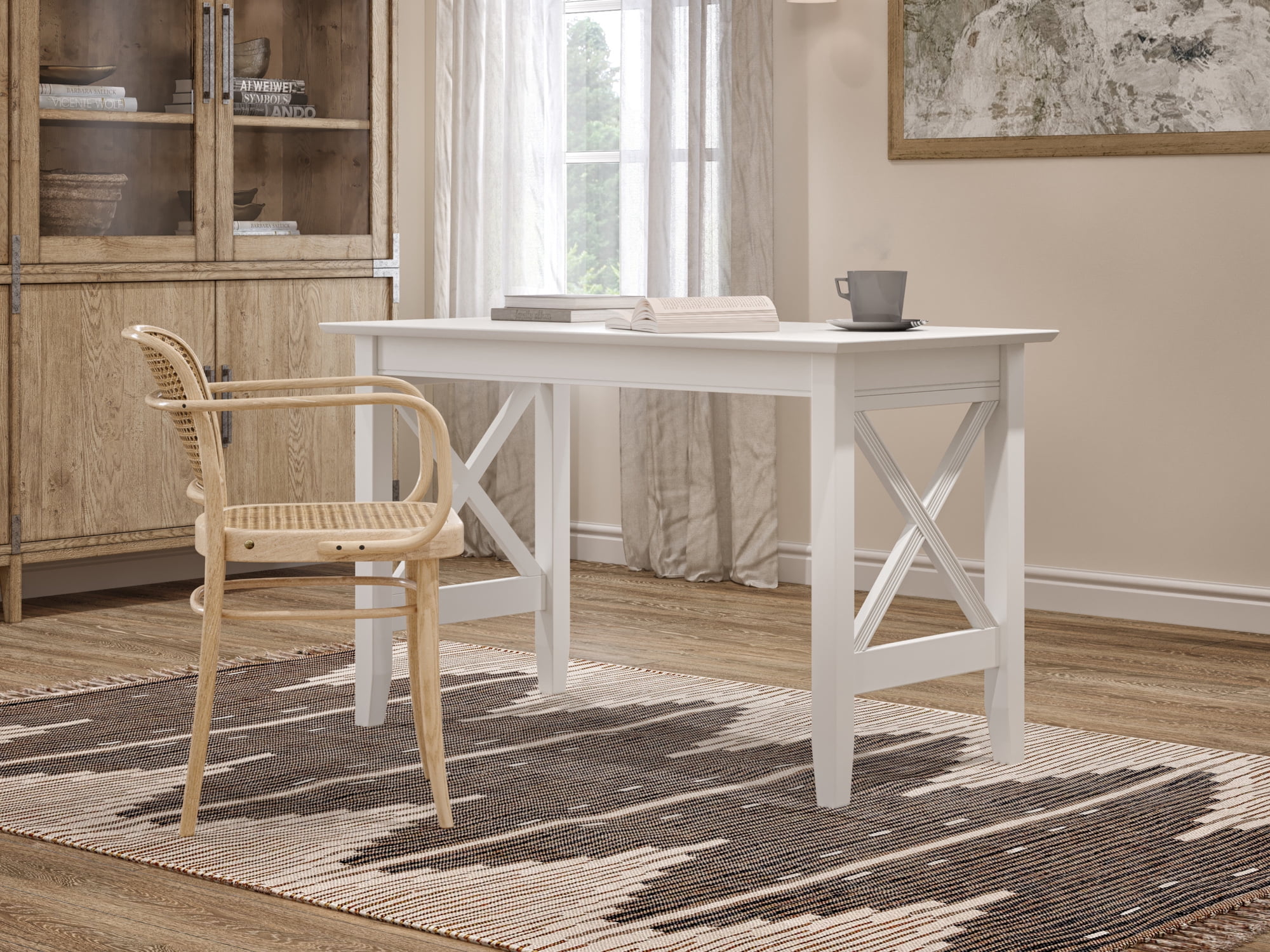Sleek White Solid Wood Writing Desk with Built-In USB Charger