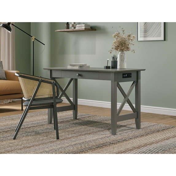 X Design Desk with Drawer & Charging Station in Grey