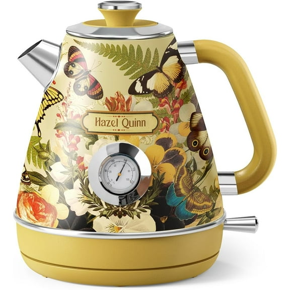 X Eduardo Recife Electric Kettle - 1200W Fast Water Boiling, 1.7L/57oz, All 304 Stainless Steel Interior, BPA-Free, Auto Shut-Off, Cordless Retro Teapot with Thermometer - Floral Patterned
