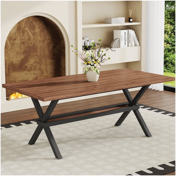 X-Frame Dining Table, 71-Inch Walnut Wood Grain Tabletop, Black Metal Legs, Industrial Kitchen Table for Family, Seats 6-8