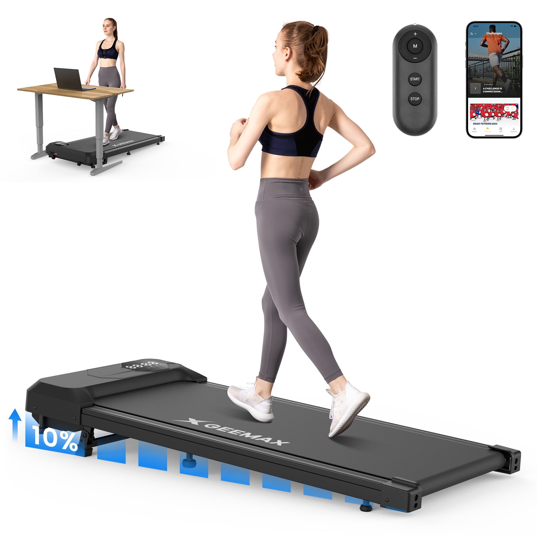 GEEMAX 2.5HP Walking Pad Treadmill, 10% Incline, ZWIFT GEEMAX 2.5HP Walking Pad Treadmill, 10% Incline, ZWIFT
