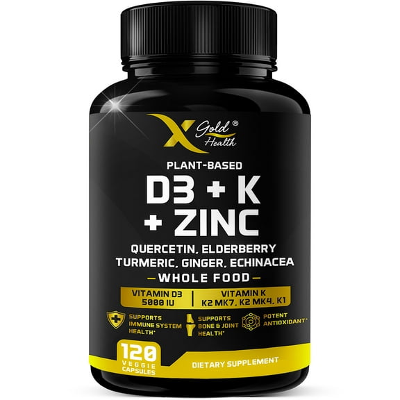 X Gold Health Vitamin D3 + K Complex Supplement: Vitamin D3 5000 IU with Vitamin K2 MK7, MK4 and K1 Capsules, 120 Count