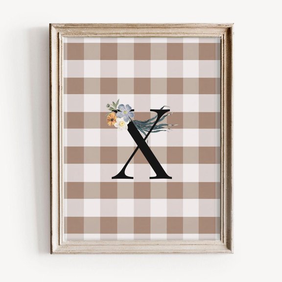 X Initial Floral Monogram Poster, Rustic Spring Flower Nursery Wall Art
