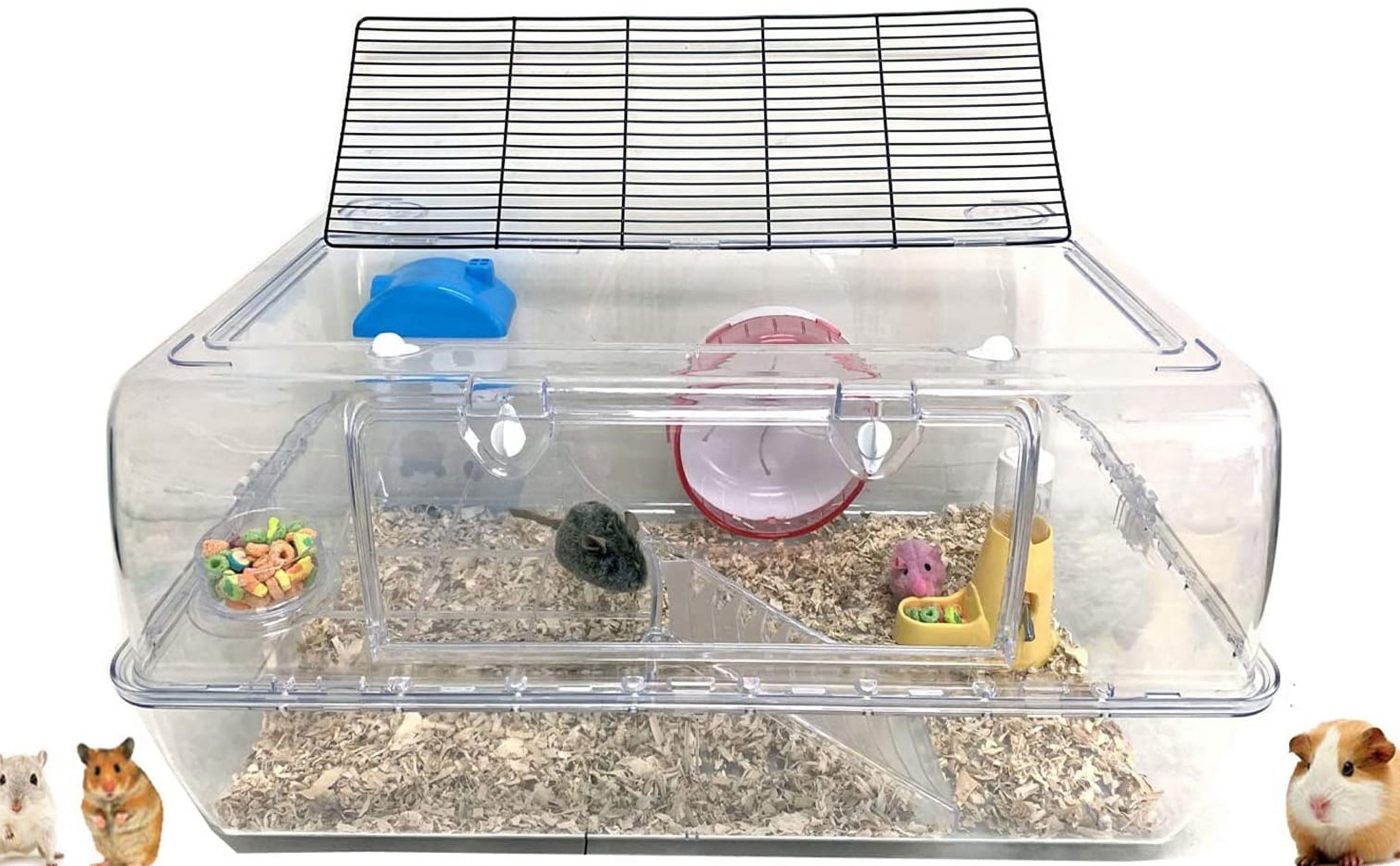 X-LARGE 2-Levels Acrylic Clear Hamster Mansion Mouse House Hedgehog Guinea Pig Habitat with Large Running Wheel Water Bottle Tower Food Bowl Hide House Deep Base Ground