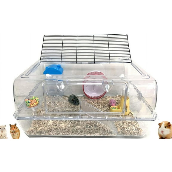 X-LARGE 2-Levels Acrylic Clear Hamster Mansion Mouse House Hedgehog Guinea Pig Habitat with Large Running Wheel Water Bottle Tower Food Bowl Hide House Deep Base Ground