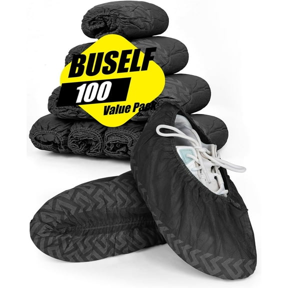 X-Large 100 Count Disposable Non-Slip, Premium Cloth Boot Covers, Slip-resistant, Durable, Breathable, Non-toxic, Recyclable, Stretchable Fits Up to Size 13 US Men - Black