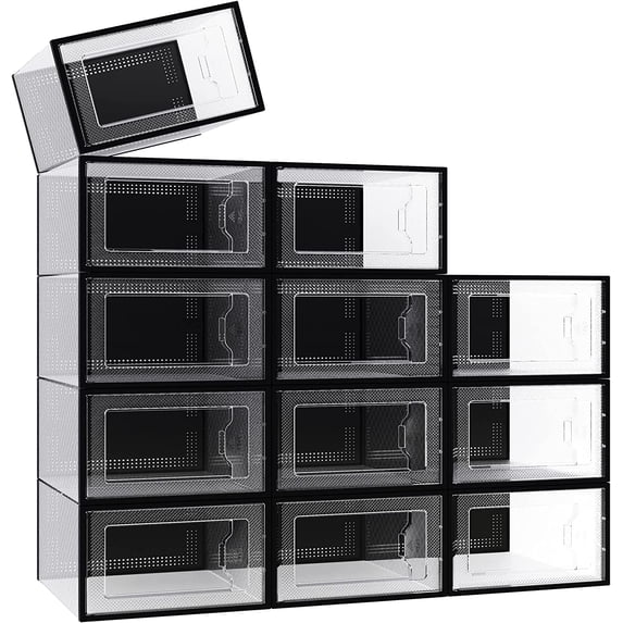 X-Large 12 Pack Shoe Boxes Clear Plastic Stackable, Shoe Storage Boxes, Shoe Organizer for Closet, Space-Saving Shoe Containers Bins (Black)