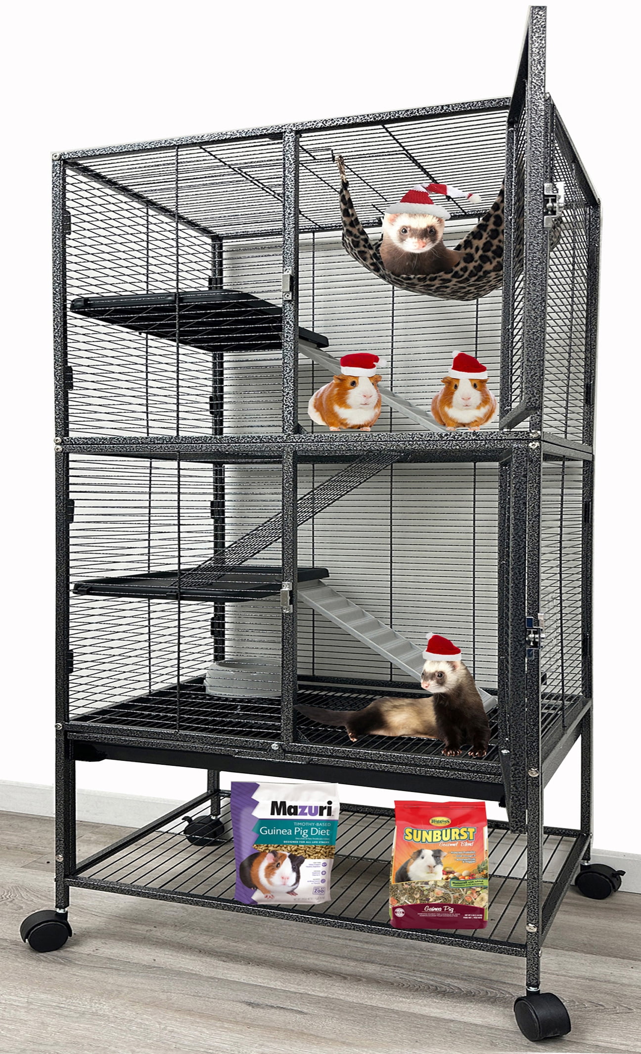 X-Large 31"x18.5"x53.5"H Two Full Story 4-Tiers Tight 1/2-Inch Bar Spacing Double Large Front Doors for Feisty Ferret Squirrel Hammock Chinchilla Rat Gerbil Small Animals Critters Rolling Cage