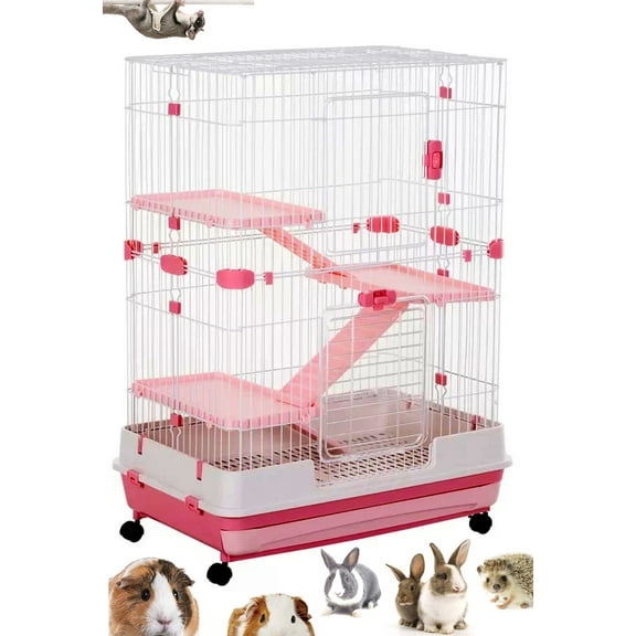 X-Large 4-Tiers Indoor Small Animal Pet Cage for Guinea Pig Ferret Chinchilla Cat Playpen Rabbit Hutch with Solid Platform & Ramp, Leak proof Litter Tray, 2 Large Access Doors, Lockable Casters