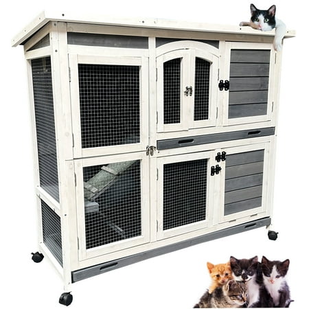 X-Large 47" Deluxe Full Double Story In/Outdoor Guinea Pig Cage Rabbit Wooden Hutch on Rolling Wheels, Cat House with Ramp and Hideout, Small Animals Home with NO Leak Pull Out Tray