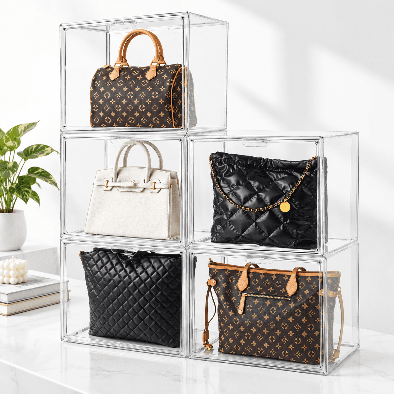 Bookcase Handbag Storage X-Large 5 Pack Purse Storage Chest Boxes, Stackable Handbag Display ...