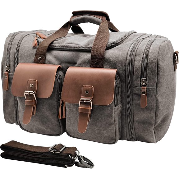 X Large-60L Duffle Bag Grey Canvas Genuine Leather Travel Overnight Weekender Carry On