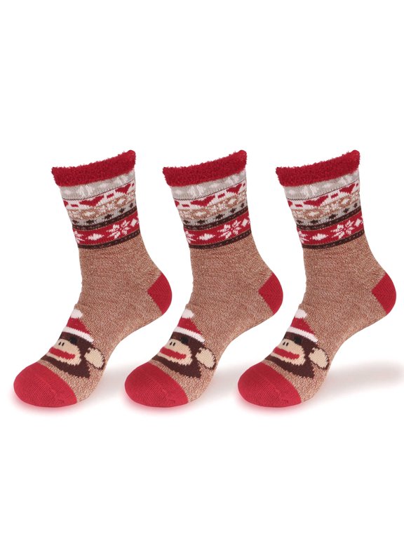 Women's Monkey Double Layer Extra Thick Soft Warm Fuzzy Non-Skid Crew Socks - 07 Monkey Extra Large - 3 Pairs