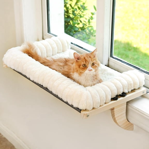 X-Large Cat Window Sill Perch with Zippered Cushioned Bed, Sturdy Solid Wood & Metal Frame Window Seat for Large Cats, Durable Pet Hammock Bed, White(27.5''x17'')