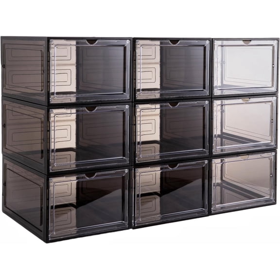 X-Large Clear Plastic Shoe Boxes - Stackable Shoe Organizer with Magnetic Door, Drop Front Display Box (9 Pack, Clear Black)