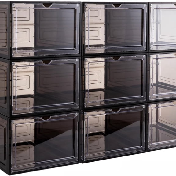 X-Large Clear Plastic Shoe Boxes - Stackable Shoe Organizer with Magnetic Door, Drop Front Display Box (9 Pack, Clear Black)