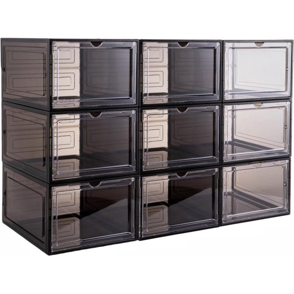X-Large Clear Plastic Shoe Boxes - Stackable Shoe Organizer with Magnetic Door, Drop Front Display Box (9 Pack, Clear Black)