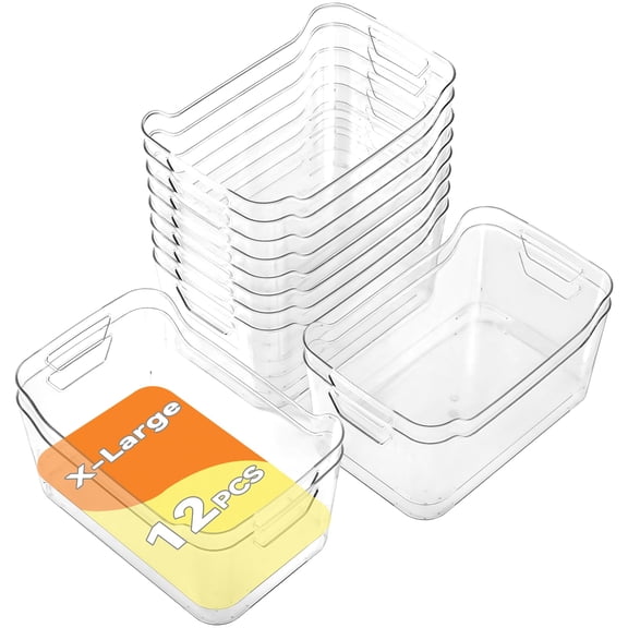 X-Large Clear Plastic Storage Baskets 12 Pack for Kitchen, Pantry, Bathroom Organization