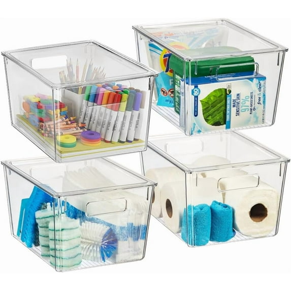 X-Large Clear Plastic Storage Bins with Lids, 4-Pack, Stackable and Shatterproof, 12.5" x 9.5" x 7", Modern Rectangular Design