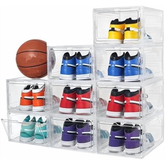 X-Large Clear Shoe Boxes Stackable Plastic Shoe Organizer ,Thicken & Sturdy Shoe Storage Box with Magnetic Door, Drop Front Shoe Box For Display Sneakers( 9 Pack, Clear White)