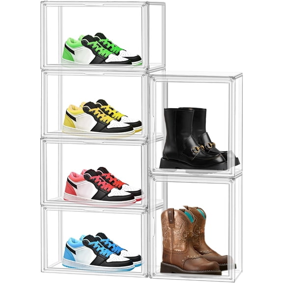 X-Large Clear Shoe Storage Box Stackable Shoes Box Acrylic Sneaker Display Case Shoe Boots Organizer with Lid, 6 Pack