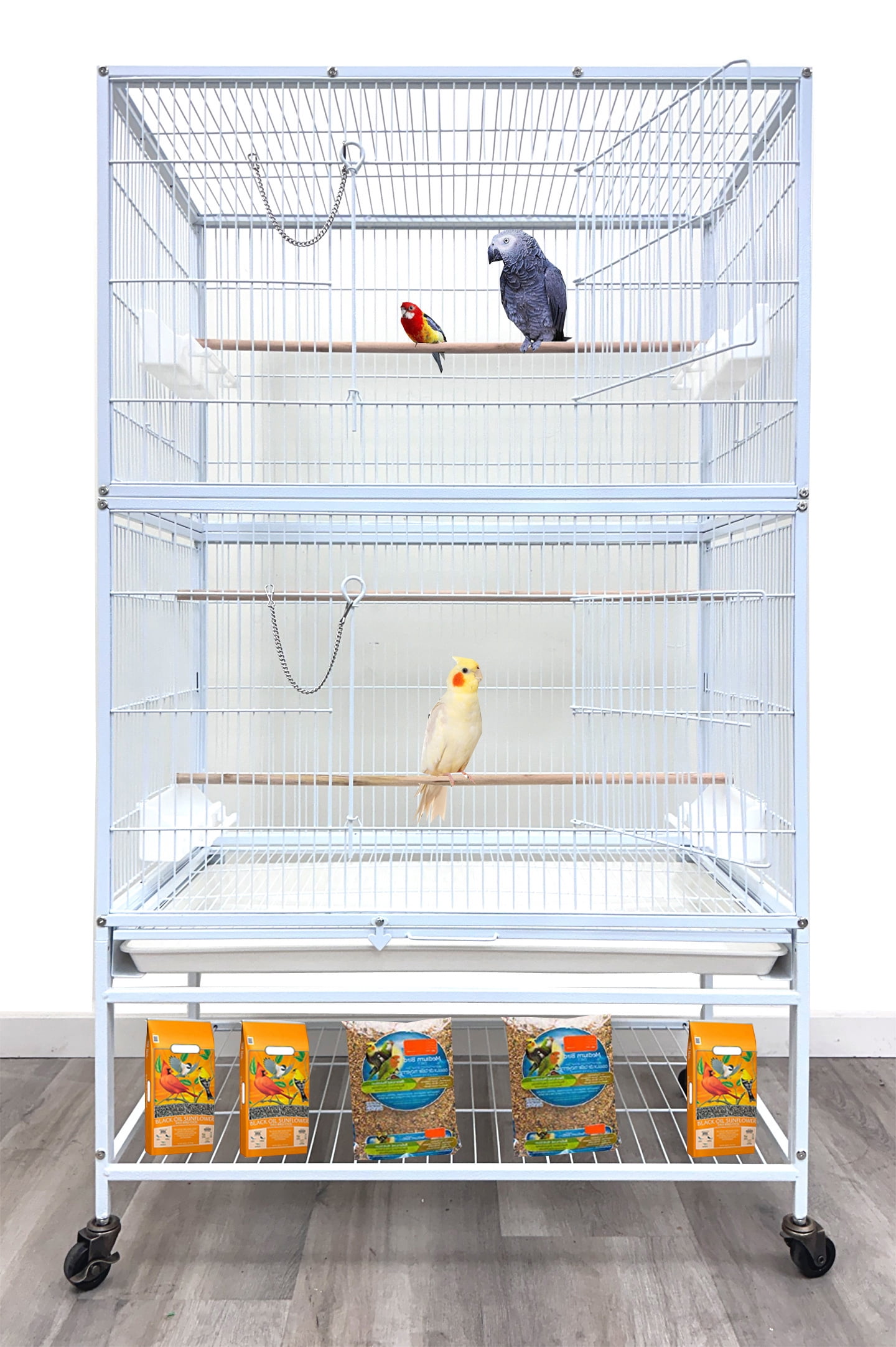 X-Large Deluxe Durable 30.5"x18.5"x52.5"H Bird Flight Parrot Home Rolling Sturdy Metal Cage Double Large Front Doors Four Side Doors For African Grey Cockatiel Cockatoo Aviary Budgie