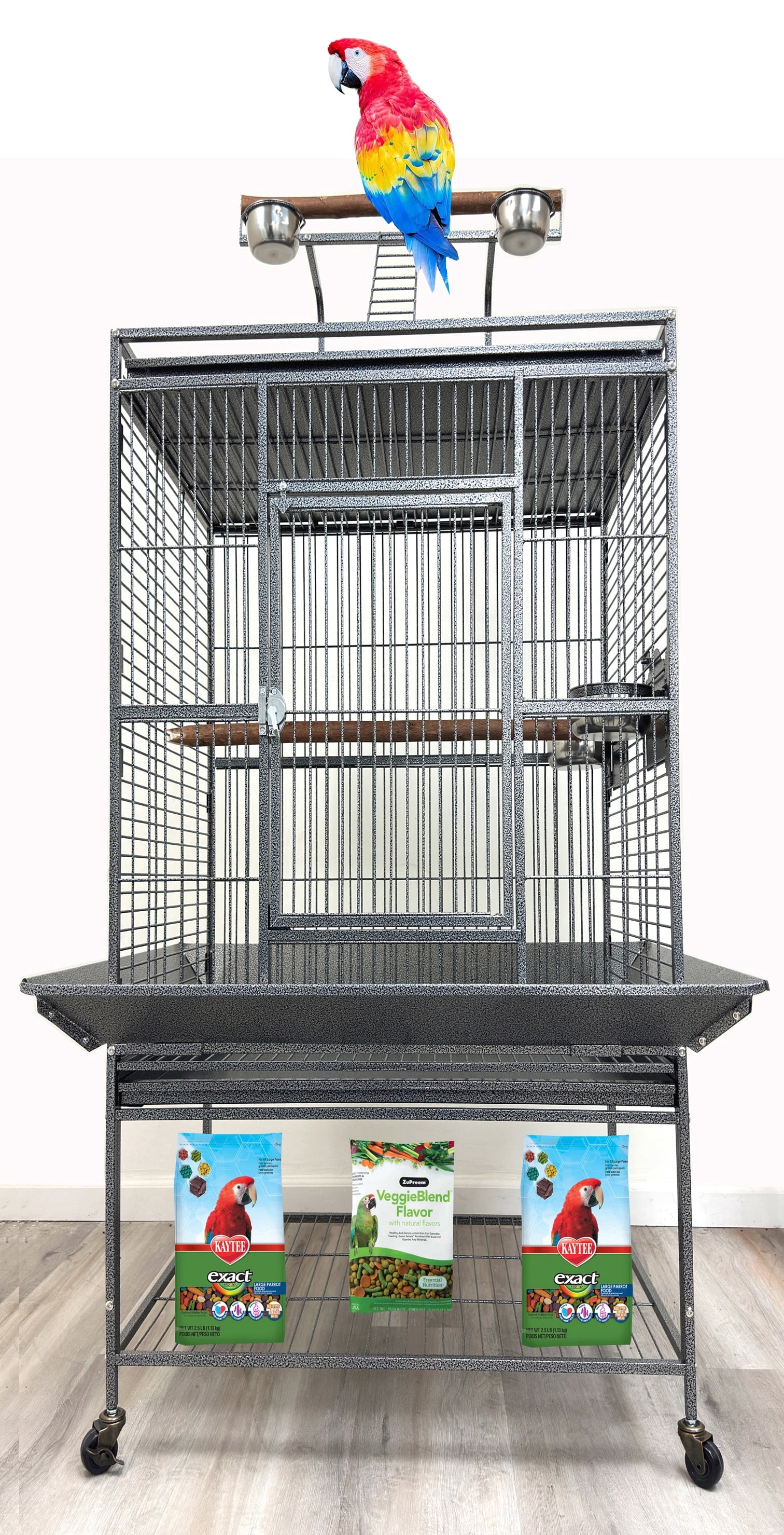 X-Large Deluxe  Wrought Iron Play Ground Perch Stand Climbing Ladder Top Bird Parrot Rolling Metal Cage, Include Stainless Feed Cups Natural Wooden Stand Perch Seed Guard