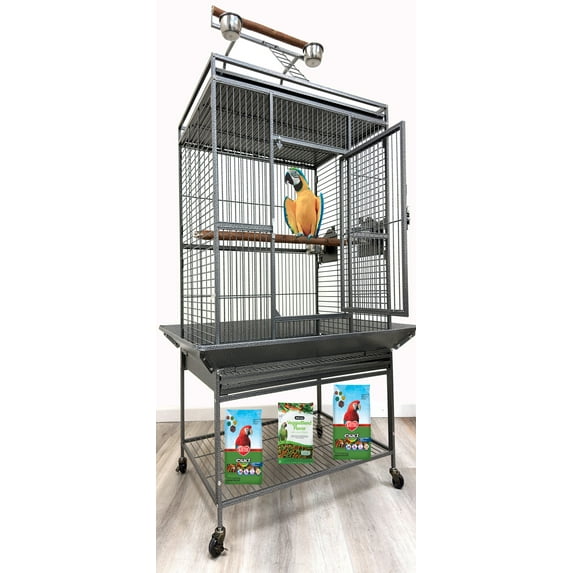 X-Large Elegant and Durable Wrought Iron Play Perch Stand Ladder Top Bird Parrot Rolling Metal Cage, Include Stainless Feed Cups Natural Wooden Stand Perch Seed Guard