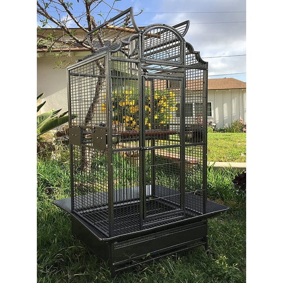 X-Large 28" x 22" x 63"H Elegant Stylish Wrought Iron Open/Close Play Top Perch Stand Bird Parrot Rolling Cage Include Stainless Steel Feeder Cups Metal Seed Guard Solid Metal Feeder Breeding Nest