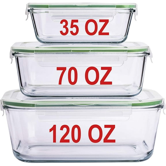 X-Large Glass Food Storage Containers with Locking Lids, Oven Safe Meal Prep Bakeware Set, 3 Pieces (120 oz, 70 oz, 35 oz), Leakproof Durable Kitchen Storage Bowls