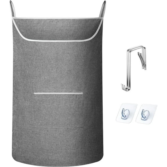 X-Large Hanging Laundry Hamper Bag, Door Hanging Hamper with Front Pocket Dirty Clothes Hanging Laundry Bag Large Size 35X22 inch Door Laundry Basket (Grey)