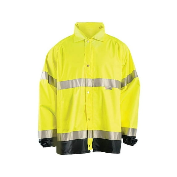 X-Large Hi-Viz Yellow With Blue 31'' 100% Polyester 150 Denier Oxford With PU Coating Breathable Rain Jacket With Zippered Roll-Away Hood And 2 Outer Pockets