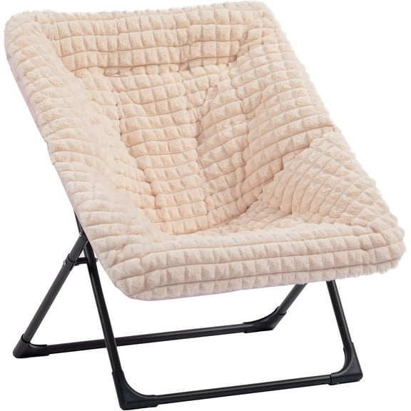 X-Large Saucer Chair, Comfy Oversized Folding Chair, Faux-Fur Reading Chair for Teens, Adults, Foldable Accent Chair, Metal Lounge Chair for Living Room, Bedroom, Dorm, Grid Champagne Pink