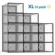 X-Large Shoe Storage Boxes,12 Pack Shoe Storage Organizer,Clear Stackable Shoe Box for Closet,Foldable Shoe Rack,Sneaker Container Bin Holder (Black)