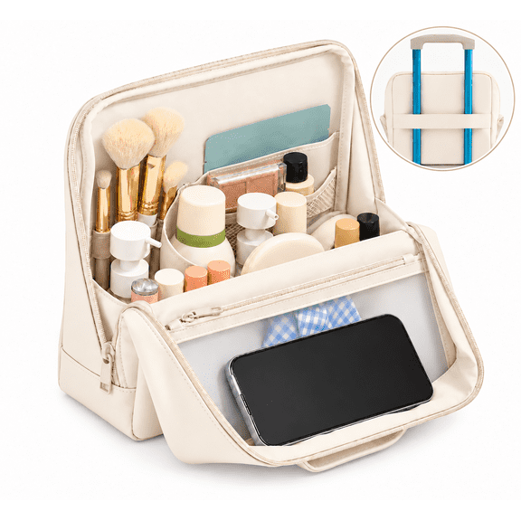 X-Large Travel Makeup Bag with Magnetic Fold-Down Flap, Soft PU Leather Cosmetic Organizer for Women, Cream Apricot