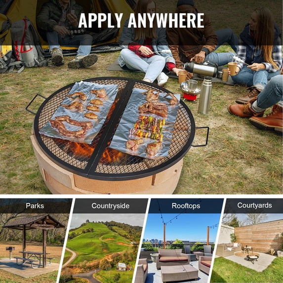 X-Marks 36 Inch Foldable Round Fire Pit Grill Grate - Heavy Duty Steel Campfire BBQ Grill Grid with Handle & X-Wire Support, Portable Camping Cookware for Outdoor Parties, Black