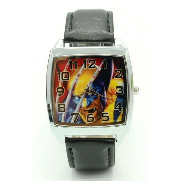 X-Men Wolverine Character Square Face Black Leather Band Wrist Watch
