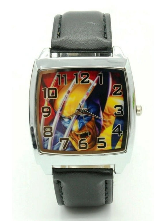 X-Men Wolverine Character Square Face Black Leather Band Wrist Watch