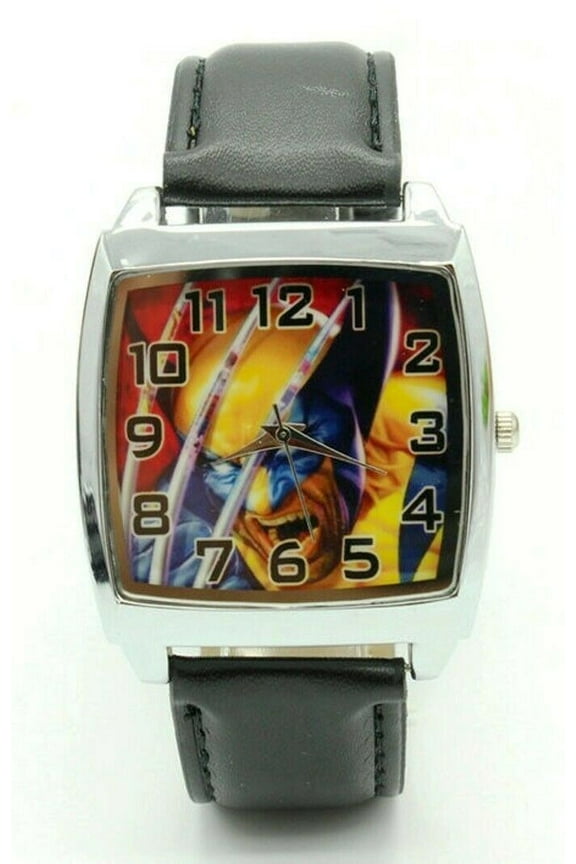 X-Men Wolverine Character Square Face Black Leather Band Wrist Watch