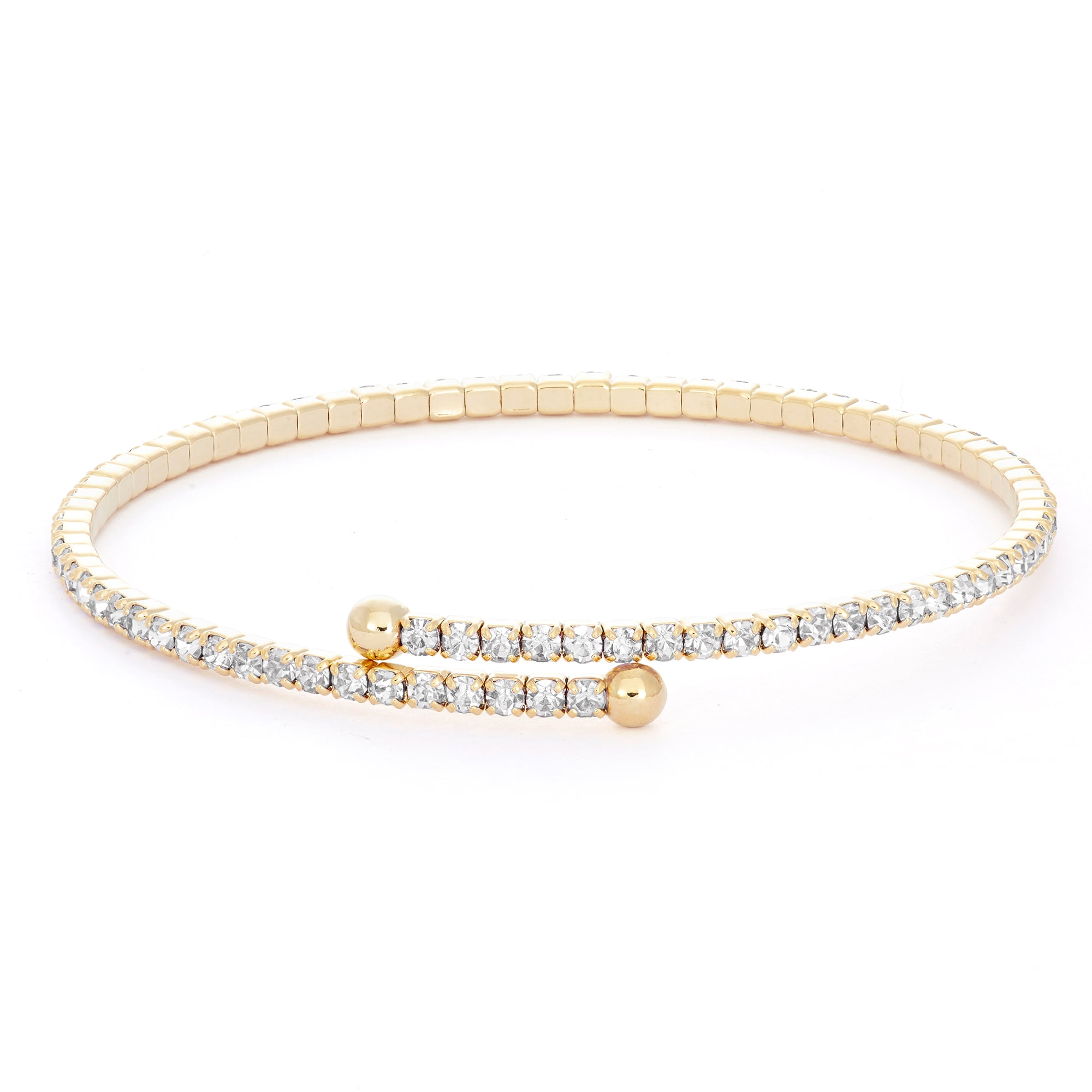 X & O 14K Gold Plated Single Row Flex Bangle with White Crystals