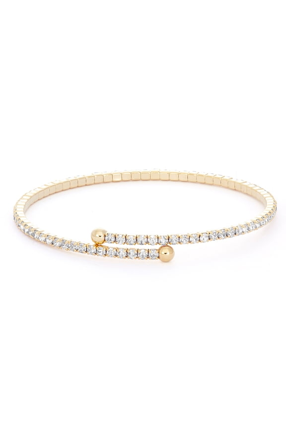 X & O 14K Gold Plated Single Row Flex Bangle with White Crystals