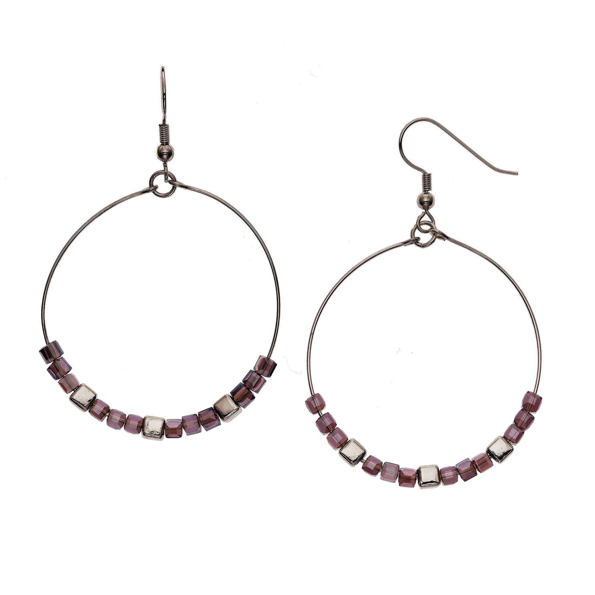 X & O 14KT Black Rhodium Cube with Amethyst Glass Cube Beads Earrings