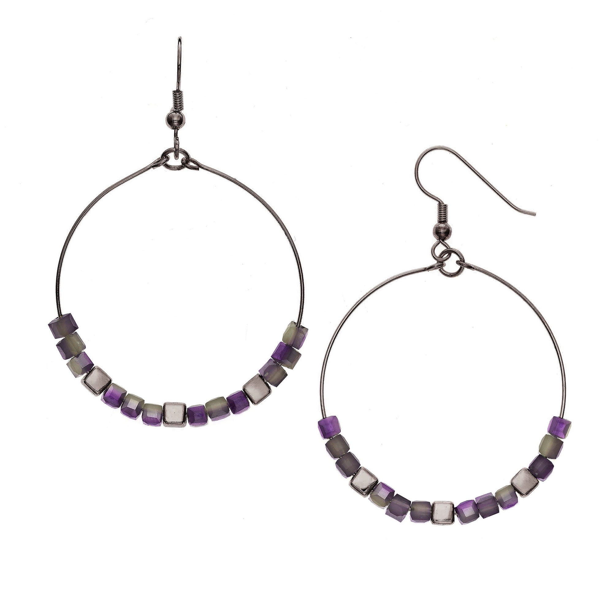 X & O 14KT Black Rhodium Cube with Purple Glass Cube Beads Earrings