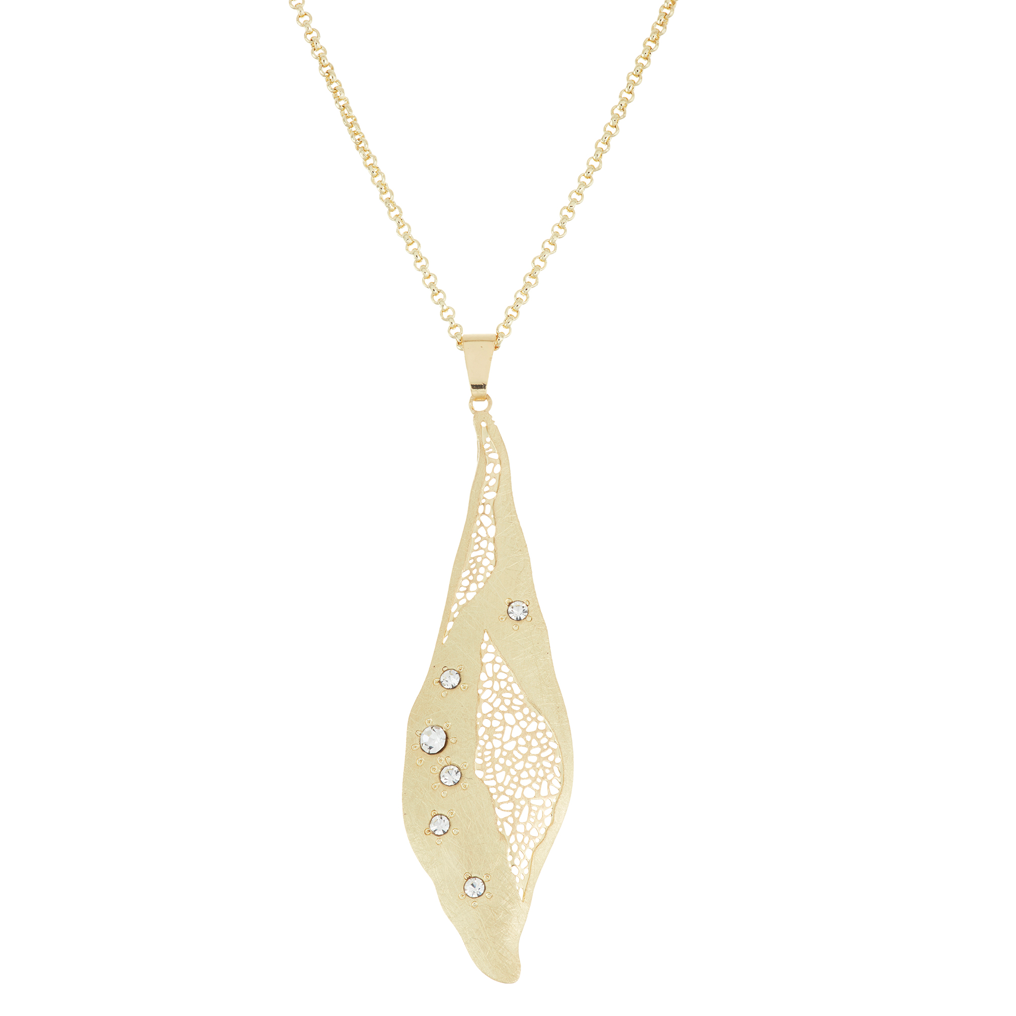 X & O 14KT Gold Plated 17mm x 55mm Stamped Leaf with Crystal Pendant Necklace