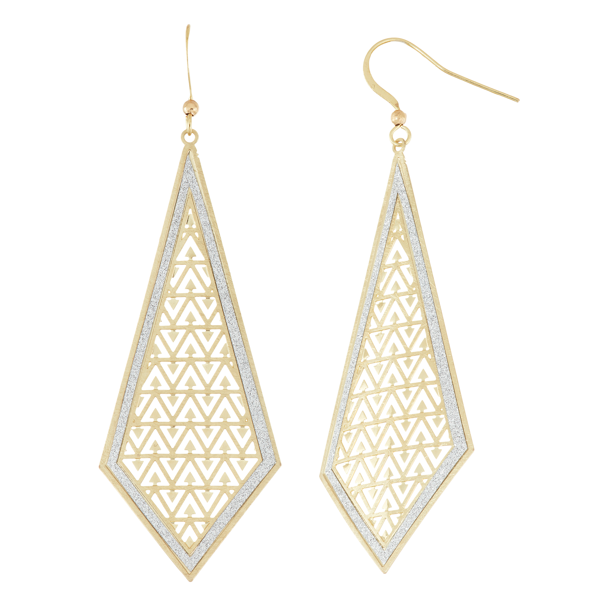 X & O 14KT Gold Plated 25mm x 63mm Stamped Triangle Pattern with Glitter Diamond Shape Dangle Earring