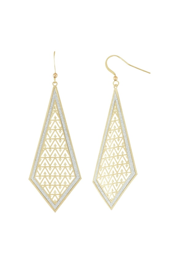 X & O 14KT Gold Plated 25mm x 63mm Stamped Triangle Pattern with Glitter Diamond Shape Dangle Earring