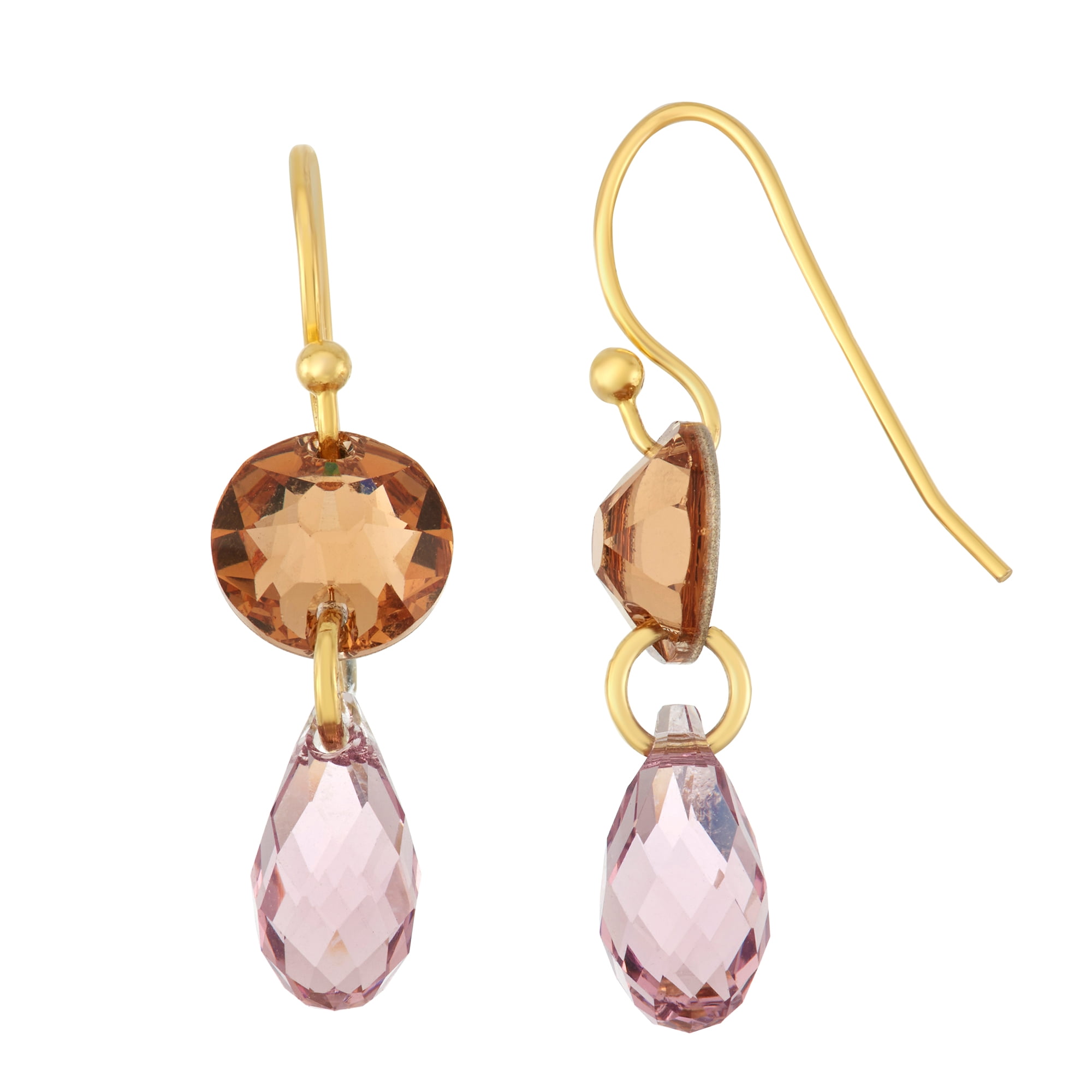X & O 14KT Gold Plated Circle and Pear Drop Earring with Light Colorado Topaz and Light Amethyst Swarovski Crystals