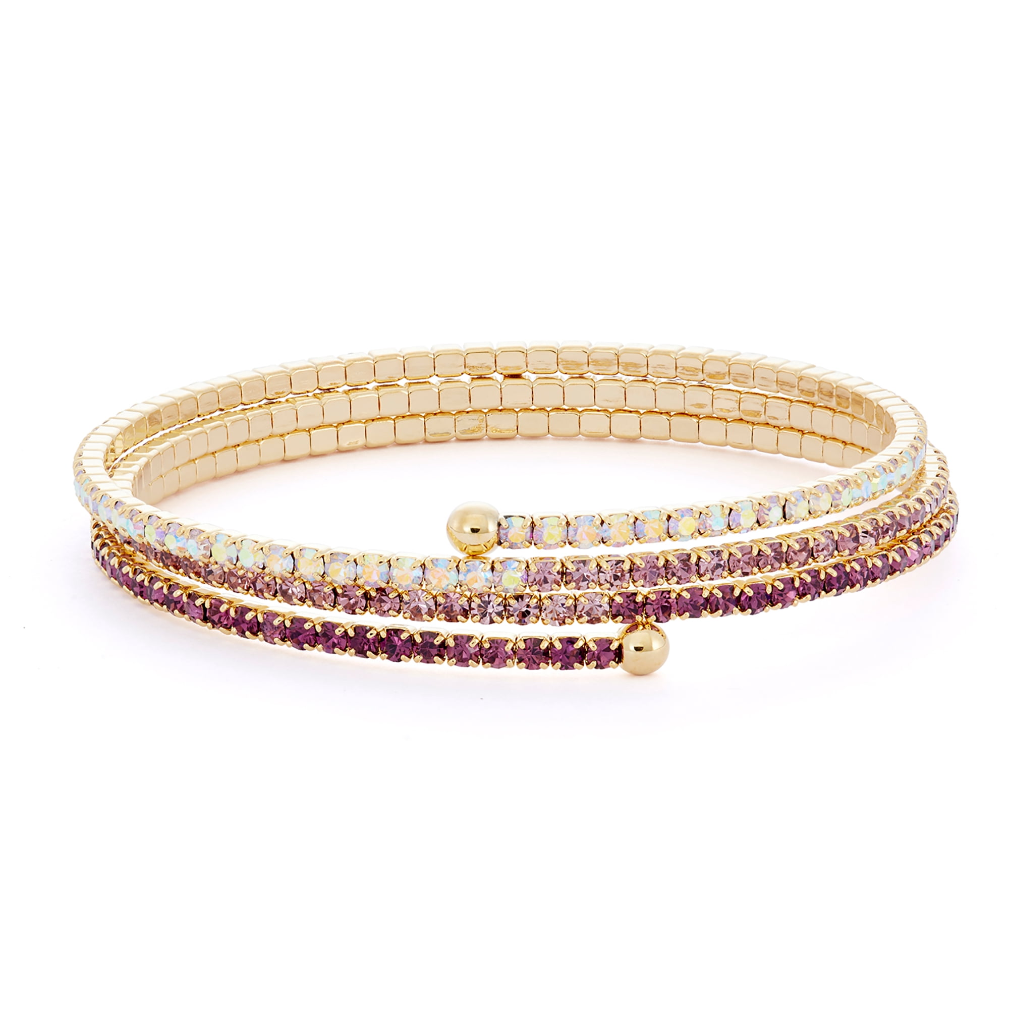 X & O 14KT Gold Plated Crystal Gradient Style Three Row Flex Bangle in Crystal AB, Light Amethyst and Amethyst Combination