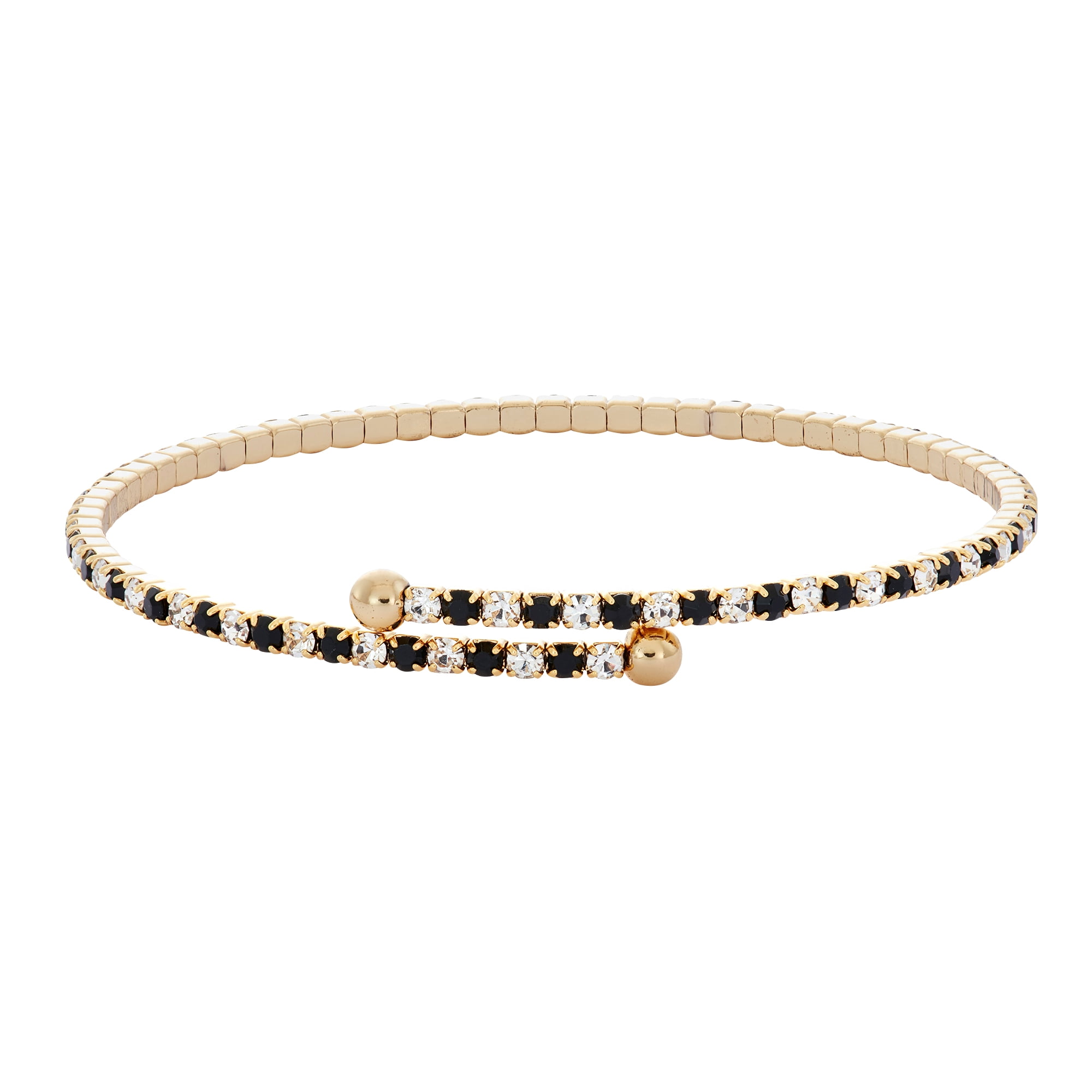 X & O 14KT Gold Plated Crystal Single Row Flex Bangle in Jet and White Crystal Combination