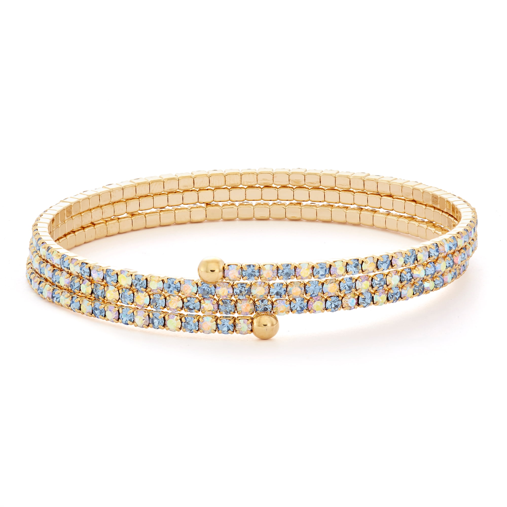 X & O 14KT Gold Plated Crystal Three Row Flex Bangle in Light Sapphire and Crystal AB Combination
